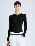 Cropped front image of model wearing Cassidy Sweater in Superfine Merino Silk in BLACK