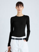 Cropped front image of model wearing Cassidy Sweater in Superfine Merino Silk in BLACK