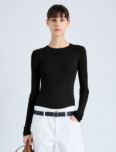 Cropped front image of model wearing Cassidy Sweater in Superfine Merino Silk in BLACK