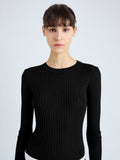 Detail image of model wearing Cassidy Sweater in Superfine Merino Silk in BLACK