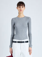 Front cropped image of model wearing Cassidy Sweater in Superfine Merino Silk in LIGHT GREY MELANGE