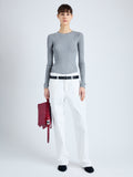 Front full length image of model wearing Cassidy Sweater in Superfine Merino Silk in LIGHT GREY MELANGE