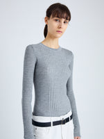 Detail image of model wearing Cassidy Sweater in Superfine Merino Silk in LIGHT GREY MELANGE