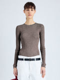 Cropped front image of model wearing Cassidy Sweater in Superfine Merino Silk in taupe