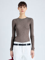 Cropped front image of model wearing Cassidy Sweater in Superfine Merino Silk in taupe