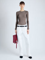 Front image of model wearing Cassidy Sweater in Superfine Merino Silk in taupe