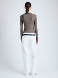 Back image of model wearing Cassidy Sweater in Superfine Merino Silk in taupe