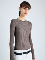 Detail image of model wearing Cassidy Sweater in Superfine Merino Silk in taupe