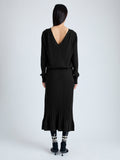 Back image of model wearing Eden Knit Dress in Superfine Merino Silk in black