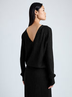 Detail image of model wearing Eden Knit Dress in Superfine Merino Silk in black