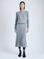 Front full length image of model wearing Eden Knit Dress in Superfine Merino Silk in LIGHT GREY MELANGE