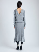 Back full length image of model wearing Eden Knit Dress in Superfine Merino Silk in LIGHT GREY MELANGE