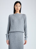 Detail image of model wearing Eden Knit Dress in Superfine Merino Silk in LIGHT GREY MELANGE