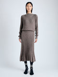 Front image of model wearing Eden Knit Dress in Superfine Merino Silk in taupe