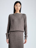 Detail image of model wearing Eden Knit Dress in Superfine Merino Silk in taupe