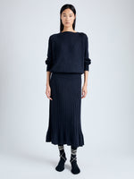 Front full length image of model wearing Eden Knit Dress in Superfine Merino Silk in NAVY