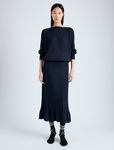 Front full length image of model wearing Eden Knit Dress in Superfine Merino Silk in NAVY