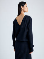 Detail image of model wearing Eden Knit Dress in Superfine Merino Silk in NAVY