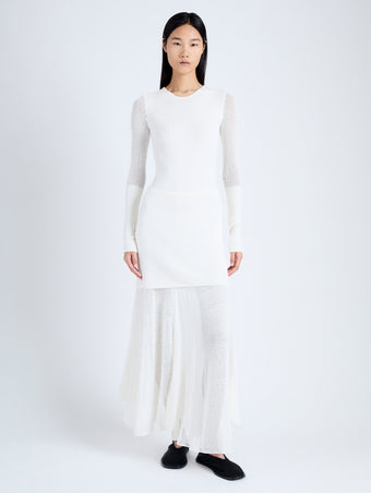 Front full length image of model wearing Anita Knit Dress in Sheer Mesh in OFF WHITE