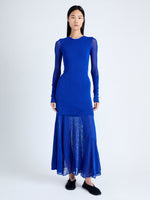 Front image of model wearing Anita Knit Dress in Sheer Mesh in Bright Blue