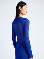 Detail image of model wearing Anita Knit Dress in Sheer Mesh in Bright Blue