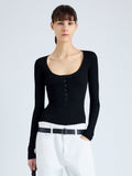 Cropped front image of model wearing Boyd Henley in Silk Viscose in black