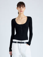 Cropped front image of model wearing Boyd Henley in Silk Viscose in black