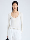 Cropped front image of model wearing Boyd Henley in Silk Viscose in ivory