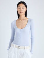 Detail image of model wearing Boyd Henley in Silk Viscose in sky blue