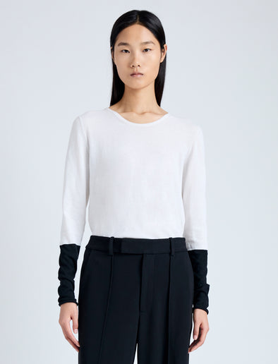 Cropped front image of model wearing Lewis Sweater in Featherweight Cotton Silk in white multi