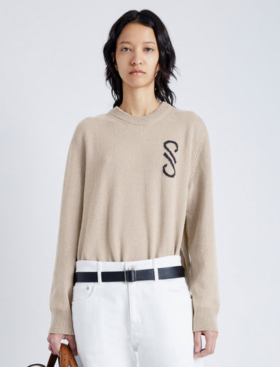 Cropped front image of model wearing Harrison Monogram Sweater in Wool Jacquard in oatmeal