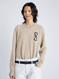  image of model wearing Harrison Monogram Sweater in Wool Jacquard in oatmeal