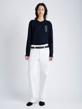 Front image of model wearing Harrison Monogram Sweater in Wool Jacquard in navy