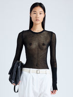 Front cropped image of model wearing Willa Sweater in Sheer Mesh in black