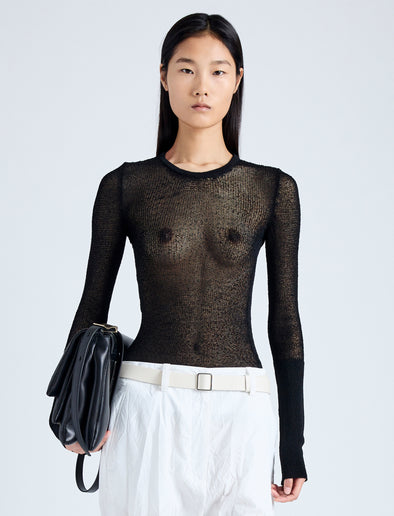 Front cropped image of model wearing Willa Sweater in Sheer Mesh in black