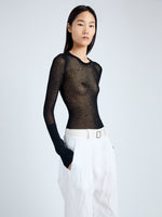 Detail image of model wearing Willa Sweater in Sheer Mesh in black