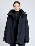 Proenza Schouler Front cropped image of model wearing Wilder Coat in Stretch Nylon with Fleece in BLACK