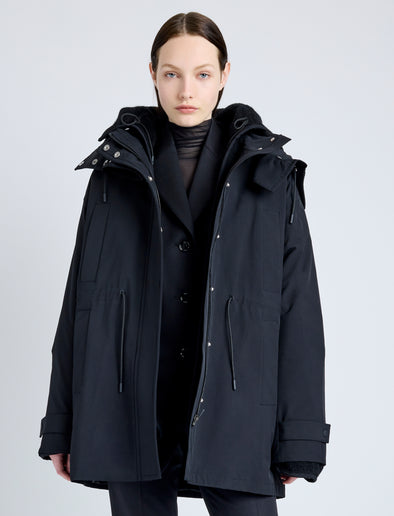 Proenza Schouler Front cropped image of model wearing Wilder Coat in Stretch Nylon with Fleece in BLACK