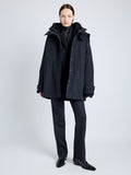 Proenza Schouler Front image of model wearing Wilder Coat in Stretch Nylon with Fleece in BLACK