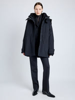 Proenza Schouler Front image of model wearing Wilder Coat in Stretch Nylon with Fleece in BLACK