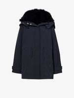 Proenza Schouler Still Life image of Wilder Coat in Stretch Nylon with Shearling in BLACK unzipped