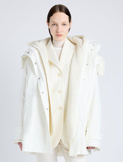 Proenza Schouler Front cropped image of model wearing Wilder Coat in Stretch Nylon with Fleece in MIST