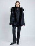 Proenza Schouler front image of model wearing Wilder Coat in Stretch Nylon with Shearling Lining in black