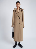 Proenza Schouler Front full length image of model wearing Reed Coat in Brushed Melange Wool with Hood in CAMEL MELANGE