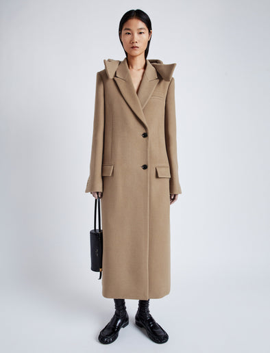 Proenza Schouler Front full length image of model wearing Reed Coat in Brushed Melange Wool with Hood in CAMEL MELANGE