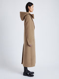 Proenza Schouler Side full length image of model wearing Reed Coat in Brushed Melange Wool with Hood in CAMEL MELANGE