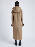  Proenza Schouler Back full length image of model wearing Reed Coat in Brushed Melange Wool with Hood in CAMEL MELANGE