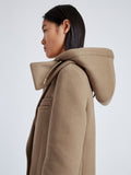 Proenza Schouler Detail image of model wearing Reed Coat in Brushed Melange Wool with Hood in CAMEL MELANGE