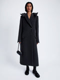 Proenza Schouler Front full length image of model wearing Reed Coat in Brushed Melange Wool with Hood in CHARCOAL MELANGE