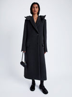 Proenza Schouler Front full length image of model wearing Reed Coat in Brushed Melange Wool with Hood in CHARCOAL MELANGE